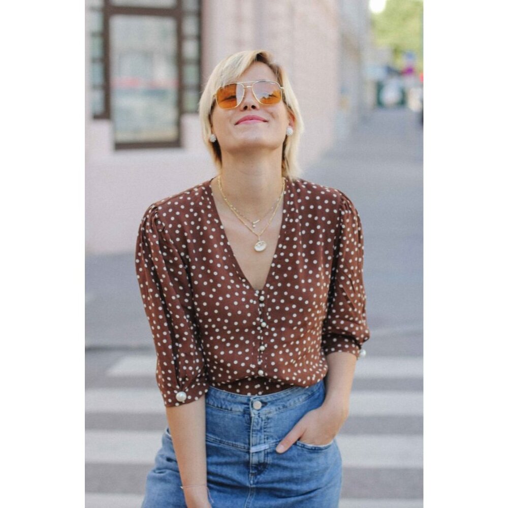 Rouje Paris Womens 34 US 2 Brown Polka Dot Blouse With Pearl Buttons 3/4‎ Sleeve
